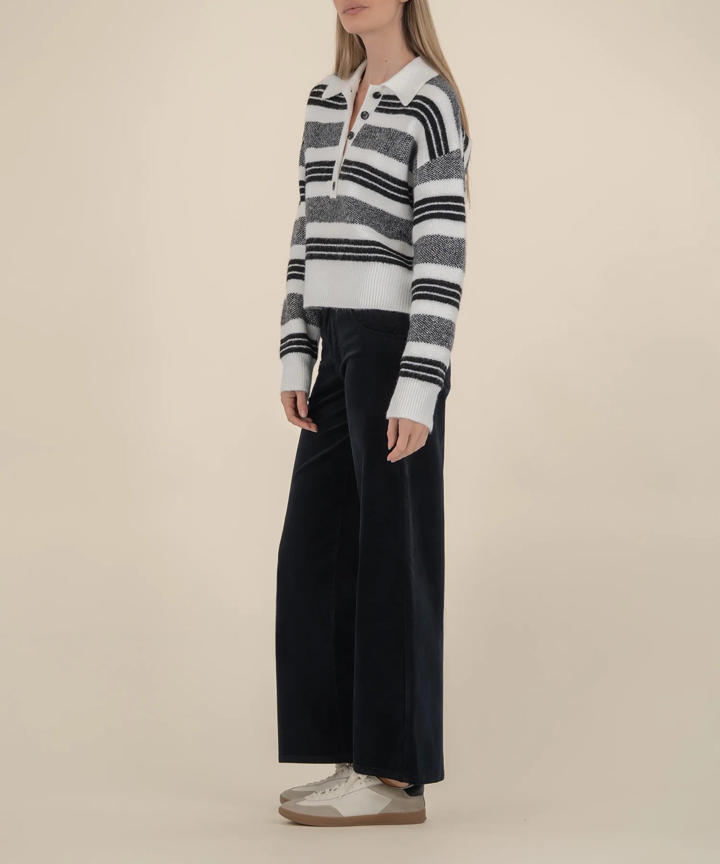 Lilia Button Front Sweater in Black Stripe