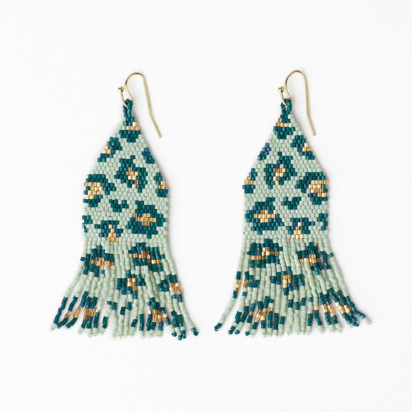 Delilah Cheetah Beaded Fringe Earrings in Green & Gold