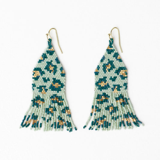 Delilah Cheetah Beaded Fringe Earrings in Green & Gold