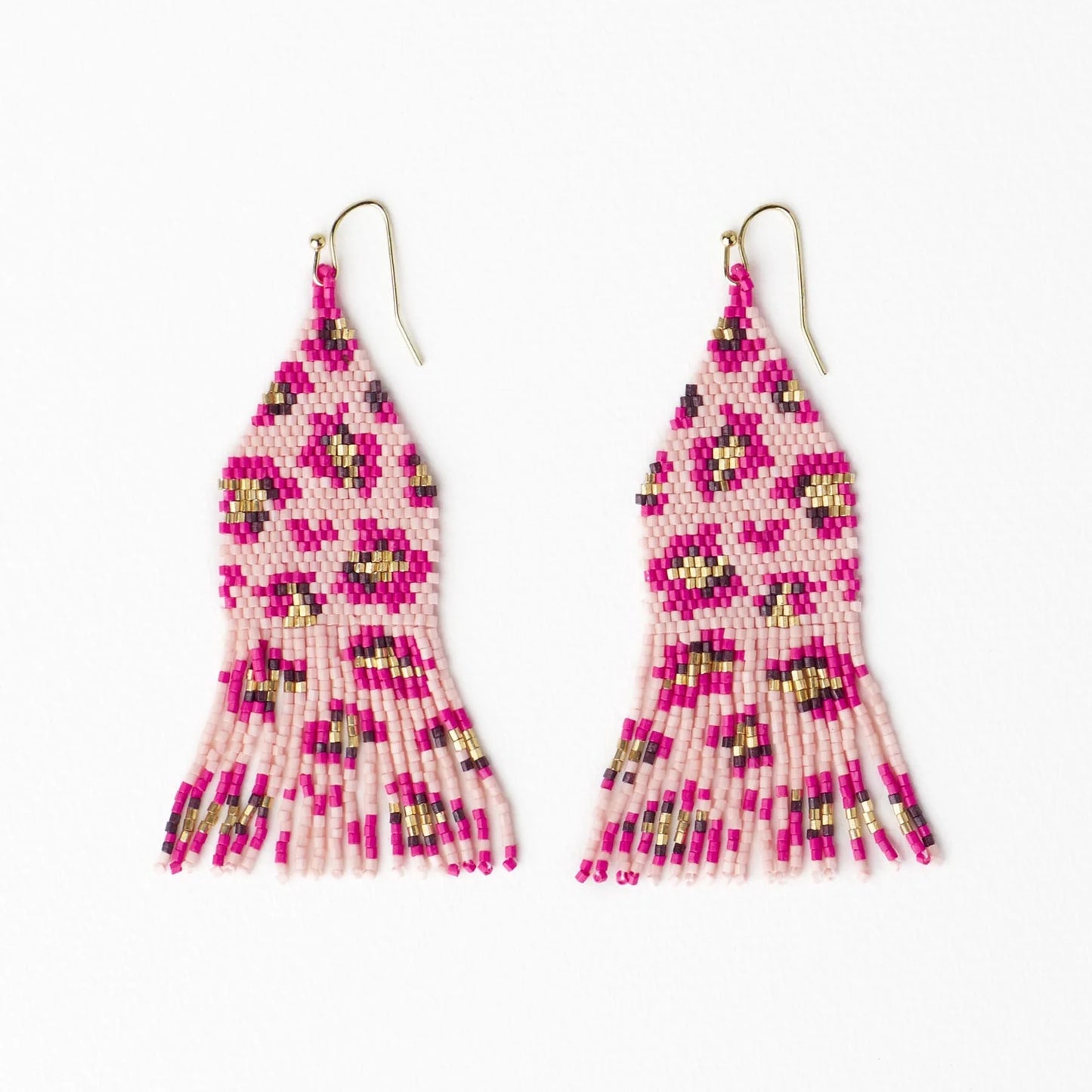 Delilah Cheetah Beaded Fringe Earrings in Pink & Gold