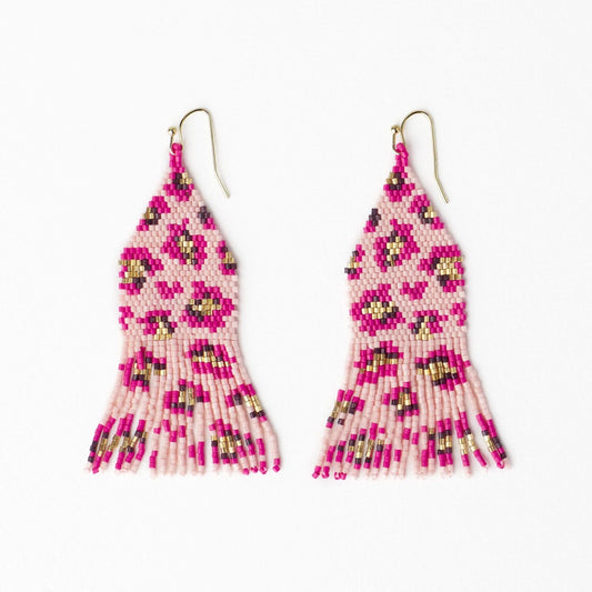 Delilah Cheetah Beaded Fringe Earrings in Pink & Gold