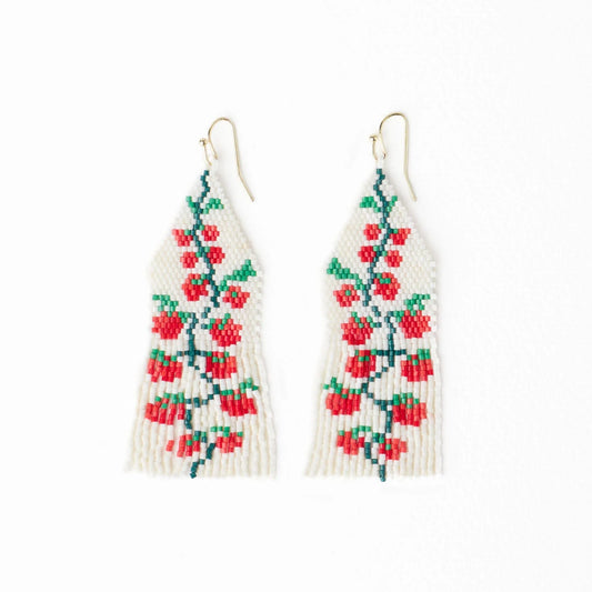Delilah Tomato Beaded Fringe Earrings in Ivory, Red Green