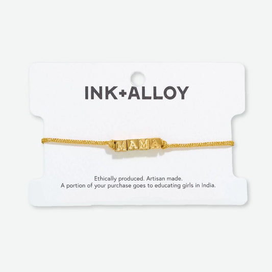 Goldie Gold Lurex Cord Friendship Bracelet with Brass Letters Adjustable Mama