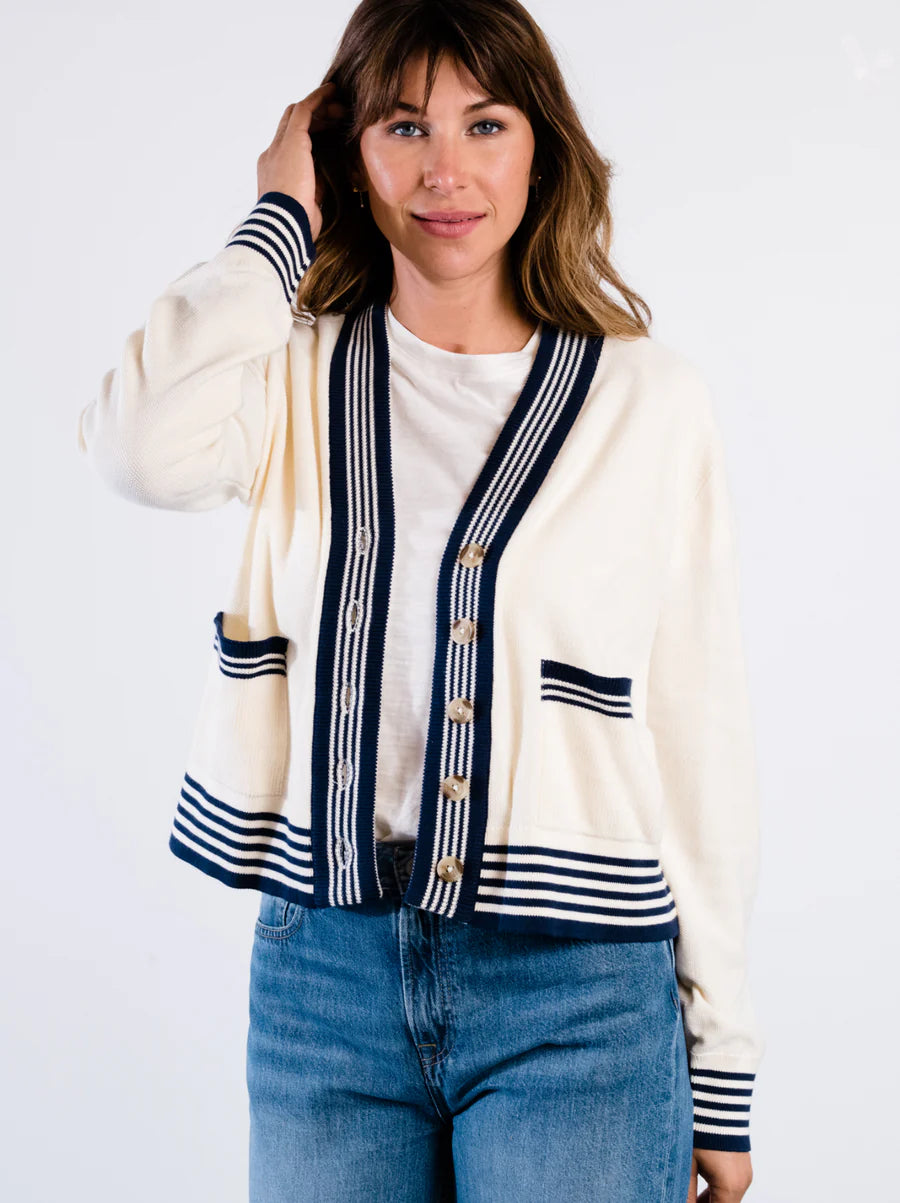 Madilyn Varsity Cardigan in Antique White & Midnight