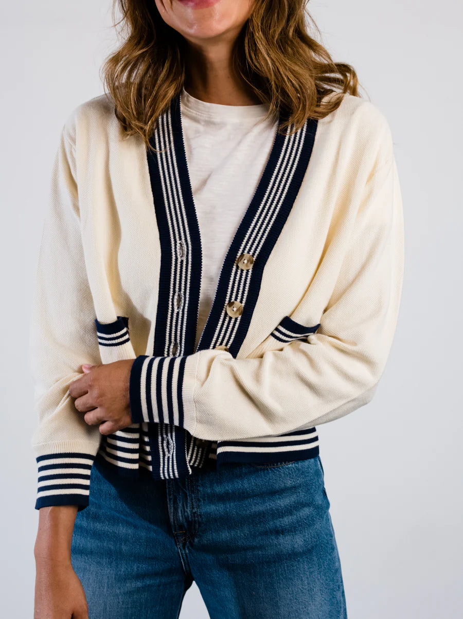 Madilyn Varsity Cardigan in Antique White & Midnight