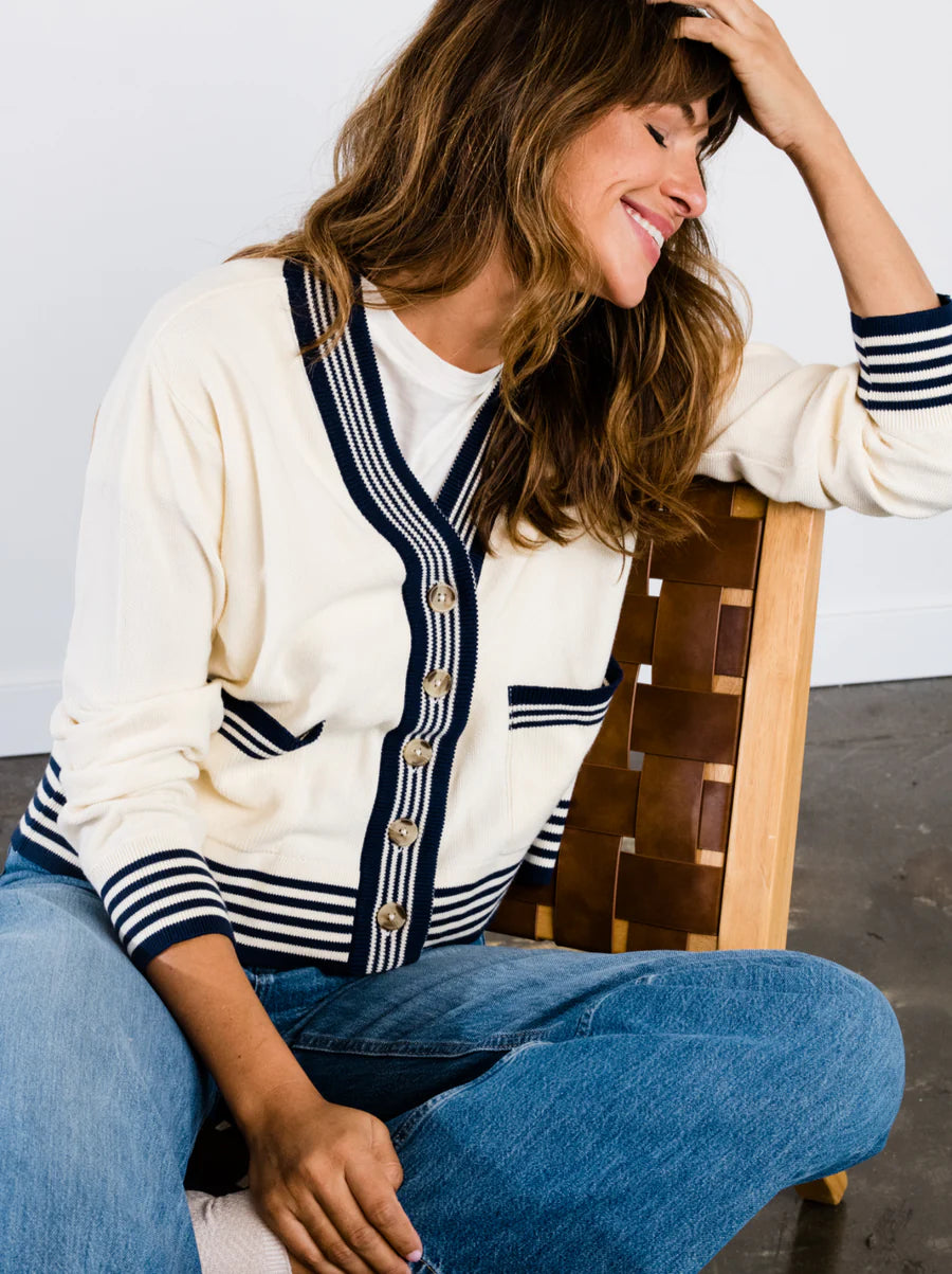 Madilyn Varsity Cardigan in Antique White & Midnight