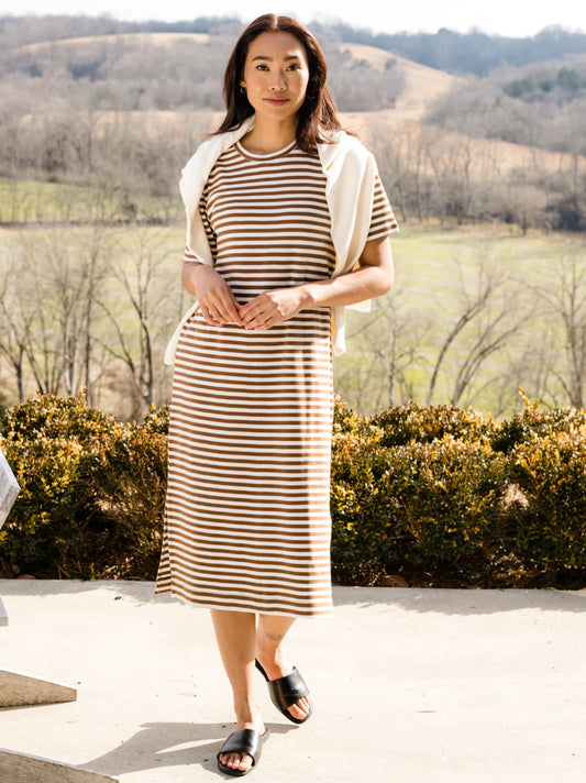 Maria Boxy Dress in Pecan Stripe