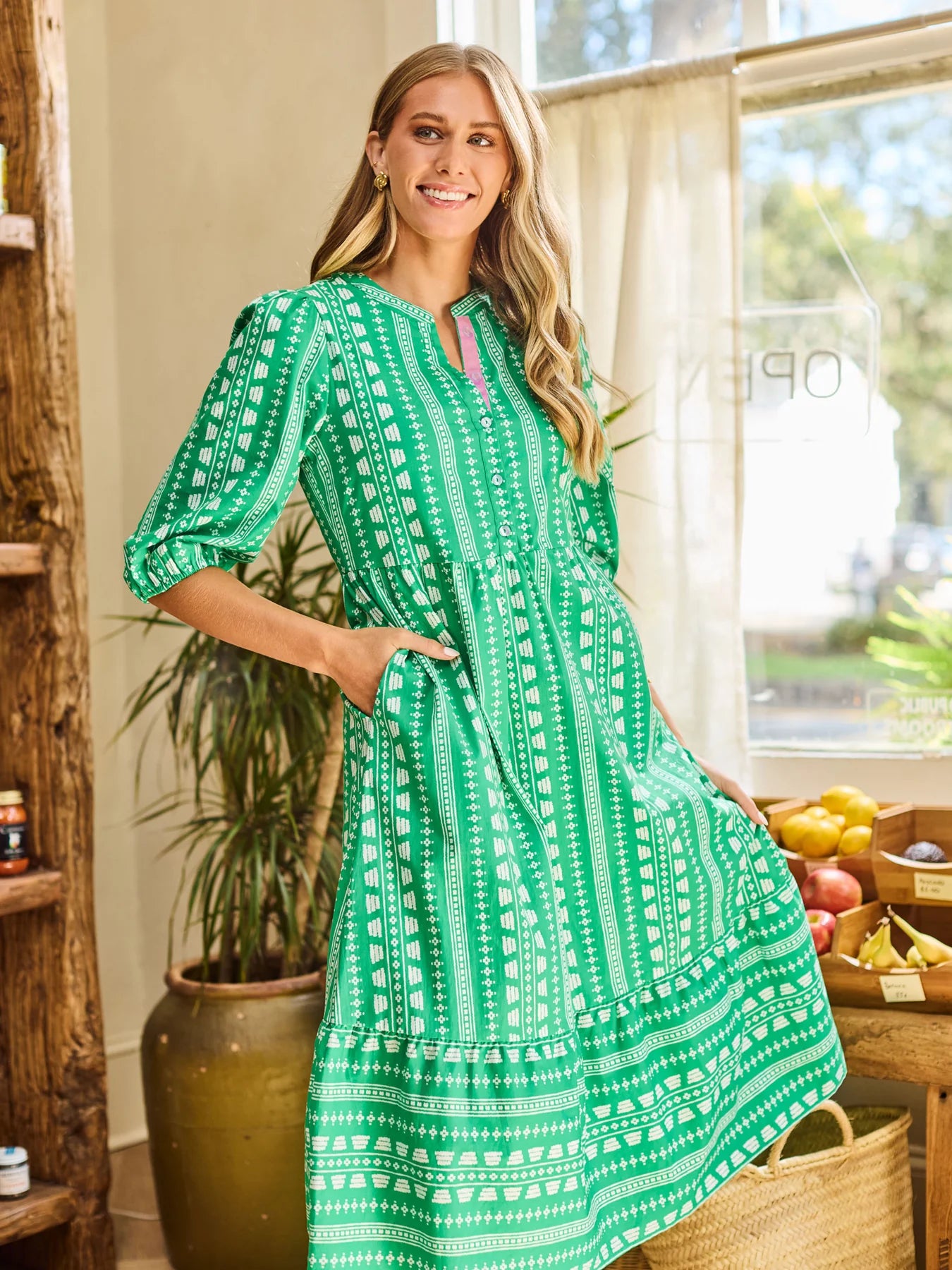 Riley Dress in Heritage Stitch Green