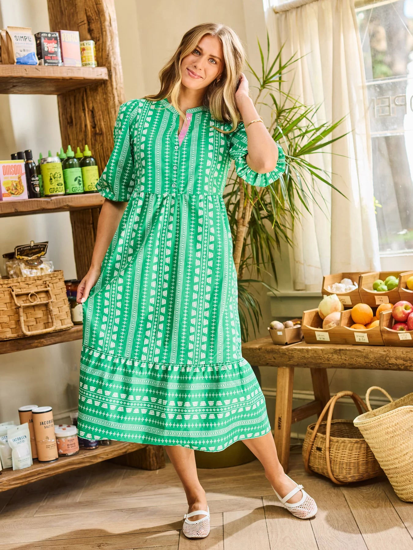 Riley Dress in Heritage Stitch Green