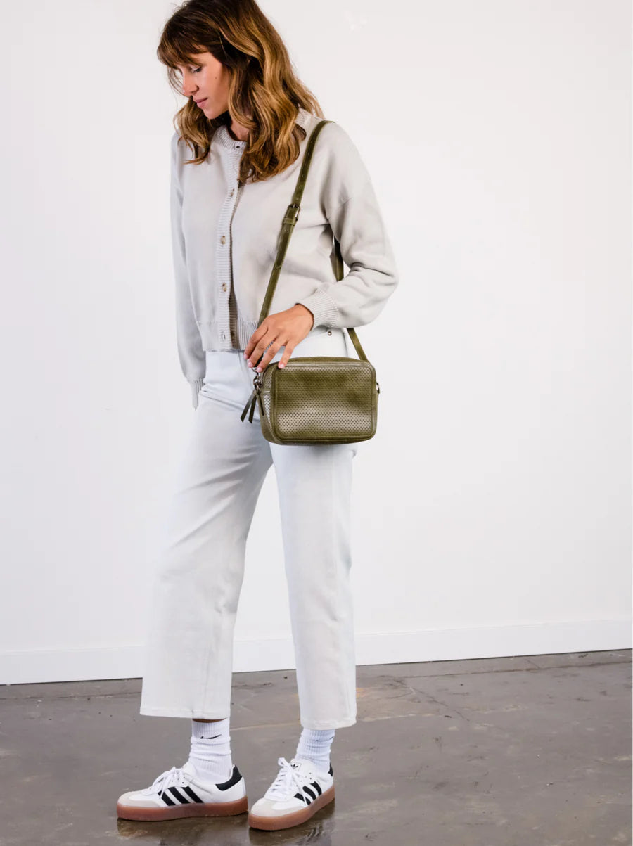 Medium Zipper Crossbody in Perforated Moss