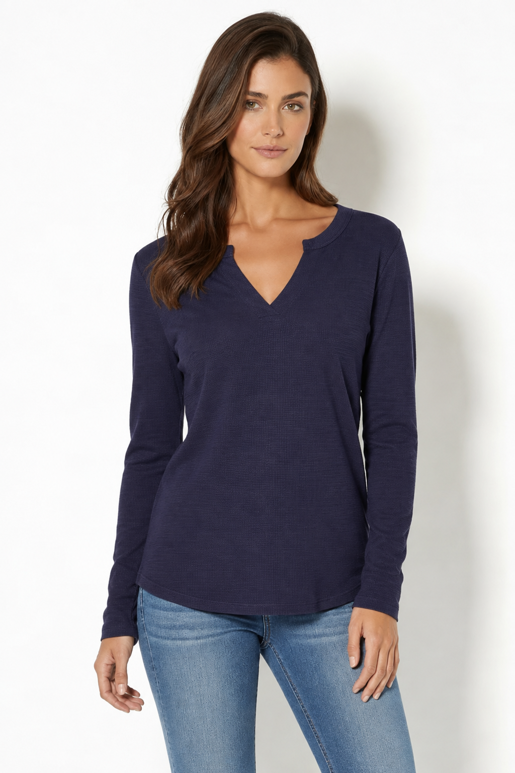 Split Mandarin Long Sleeve Tee in Vibrant Navy