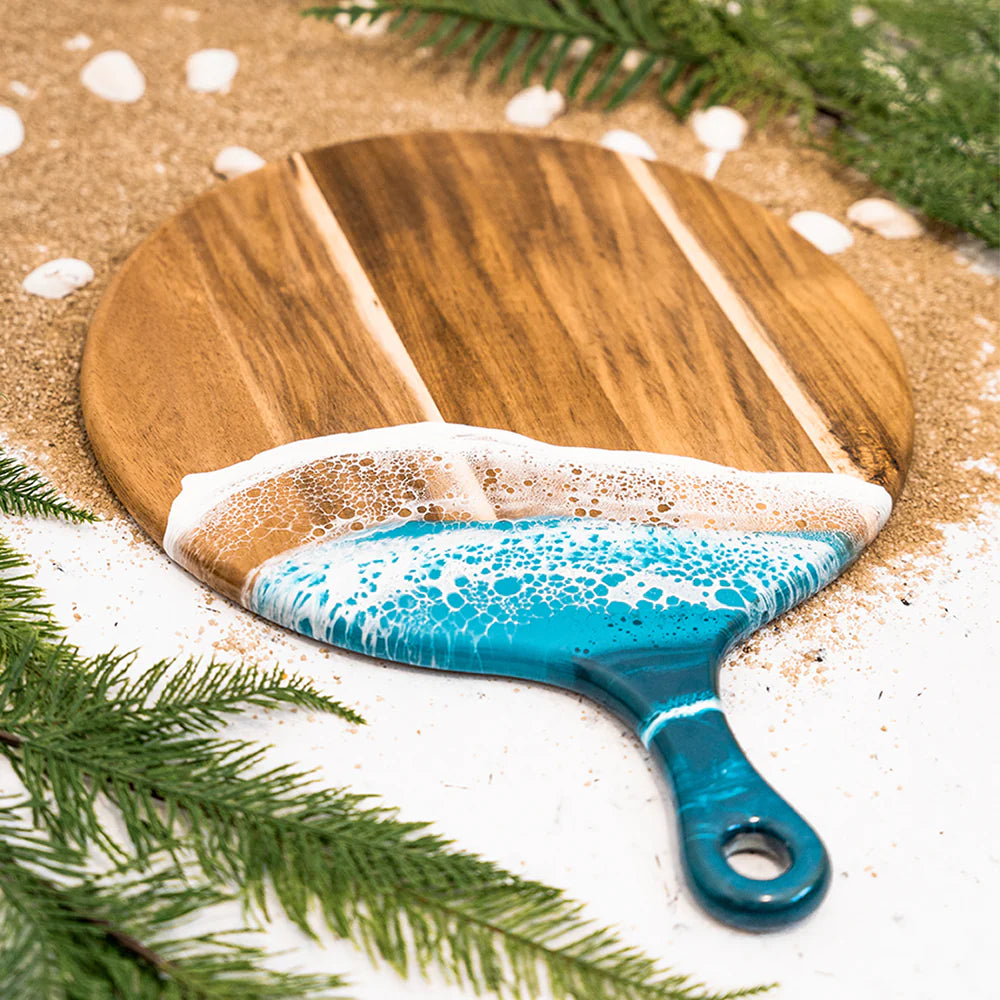 Round Cheese Paddle Acacia Boards in Ocean Vibes