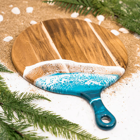 Round Cheese Paddle Acacia Boards in Ocean Vibes