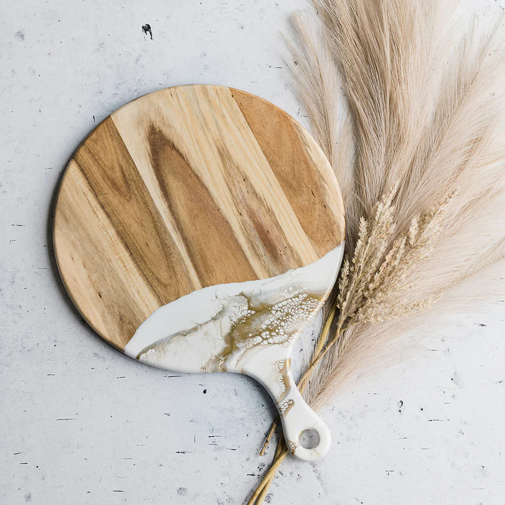 Round Cheese Paddle Acacia Boards in Gold Quartz