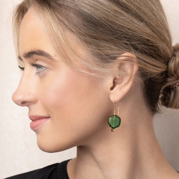 Refined Glass Organic Threader Earrings in Teal/Gold