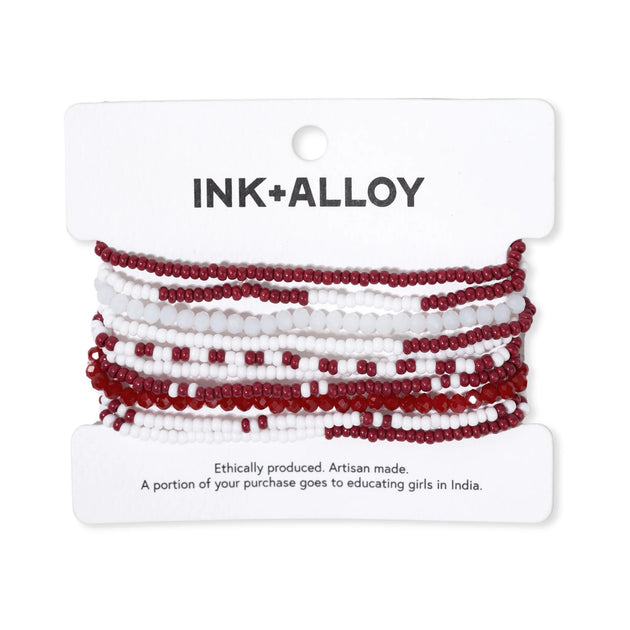 Sage Color Block Beaded 10 Strand Stretch Bracelets Dark Red + White