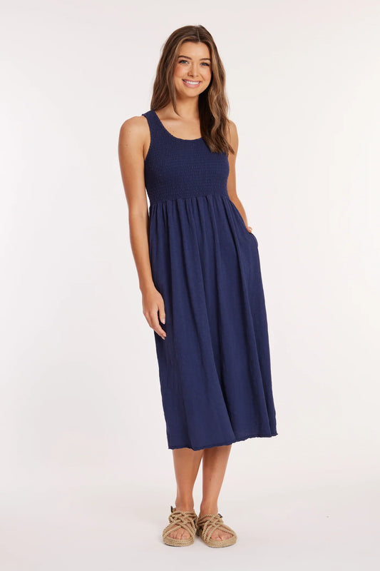 Smocked Tank Midi Dress in Vibrant Navy