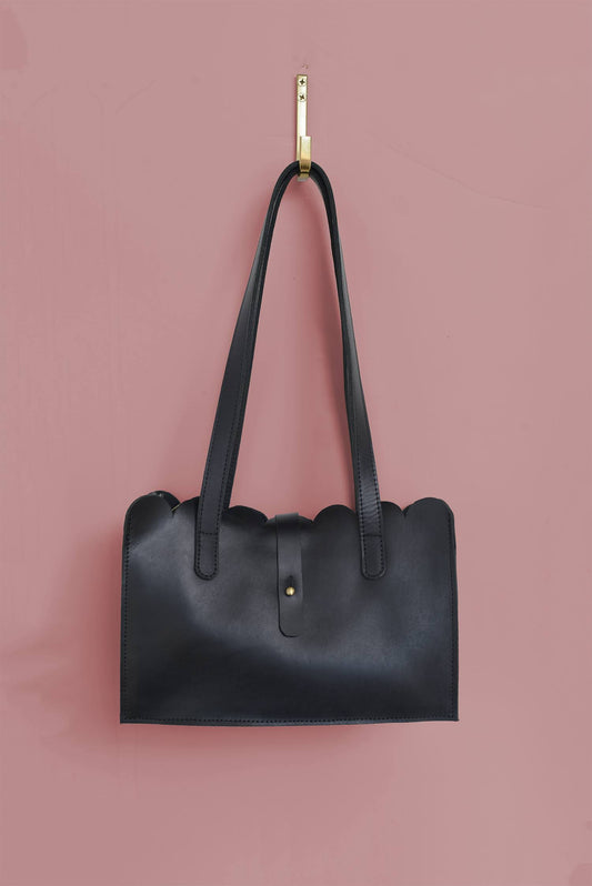 GR Scalloped Convertible Midsized Handbag in Black