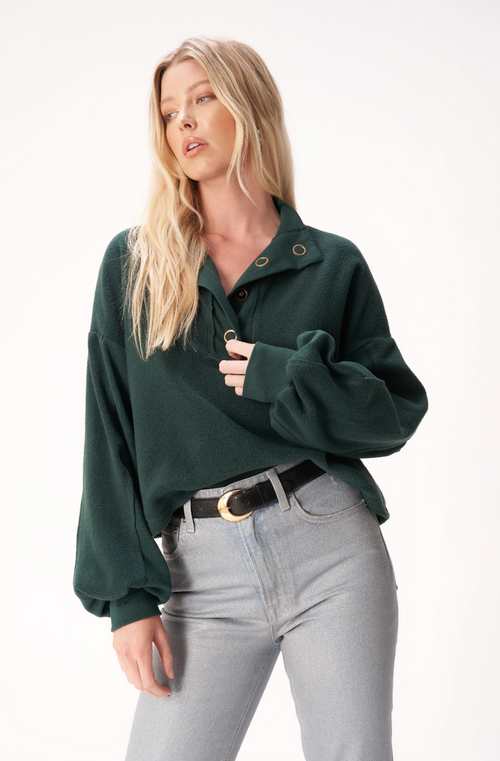 Saturn Mixed Fleece Henley Sweatshirt in Midnight Emerald