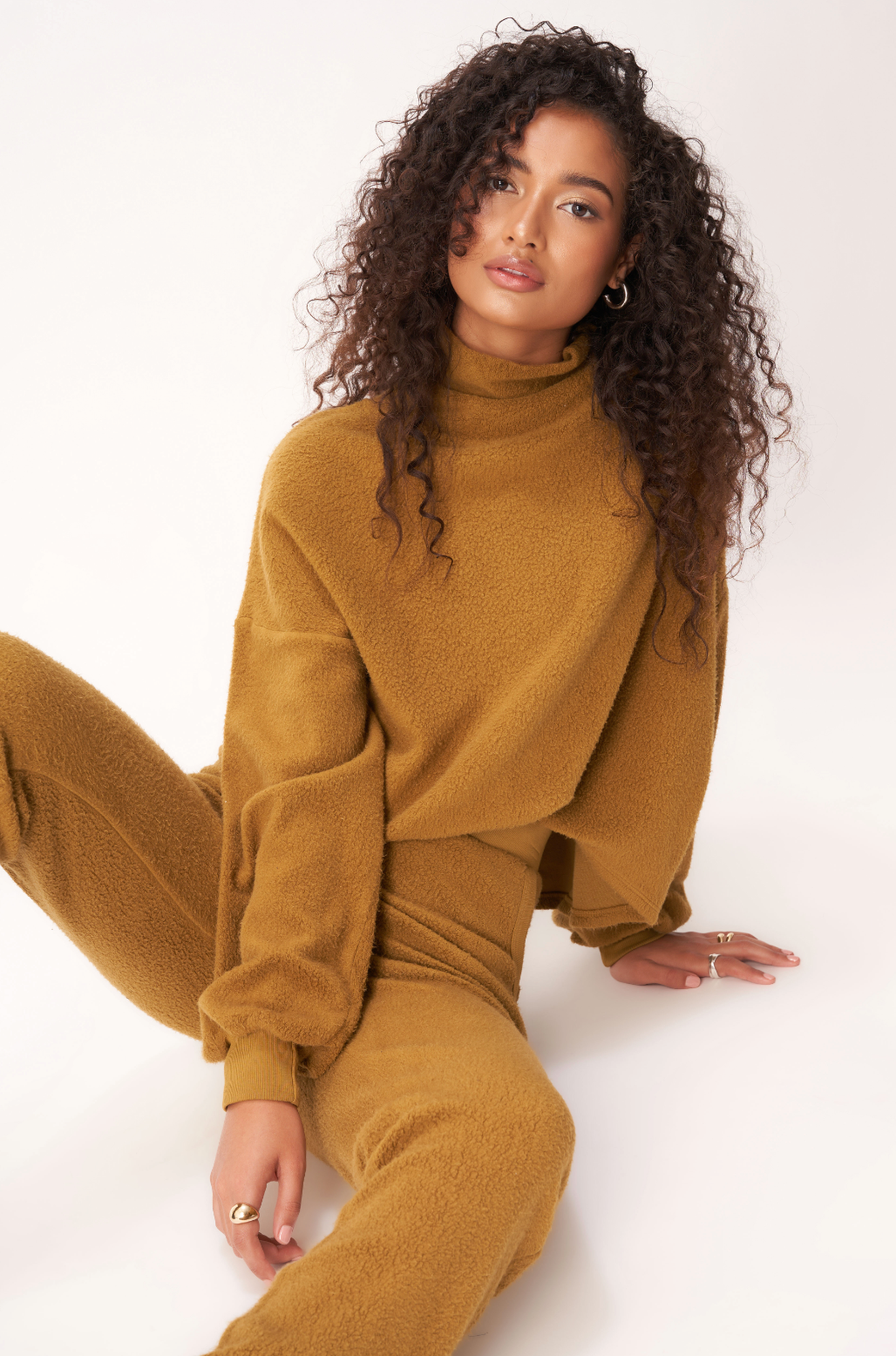 Staying in Sherpa Turtleneck Sweatshirt in Military Green