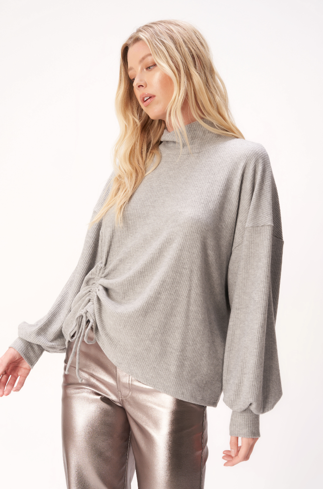 Sinead Cinched Heathered Cozy Rib Mockneck in Heather Grey