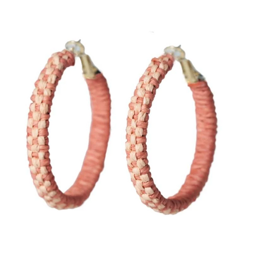 Holly Two-Color Woven Raffia Hoops Coral/Peach