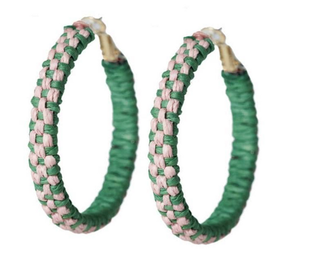 Holly Two-Color Woven Raffia Hoops Kelly Green/Pink