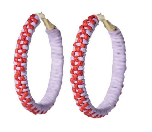 Holly Two-Color Woven Raffia Hoops Light Lavender/Poppy