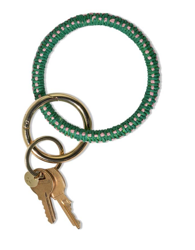 Shannon Two Color Woven Raffia Key Ring Kelly Green/Pink