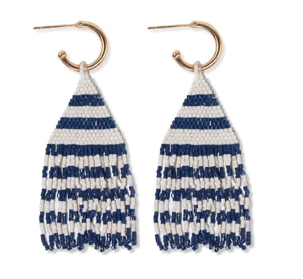 James Mini Gold Hoop Two Tone Stripes Beaded Fringe Earrings Navy