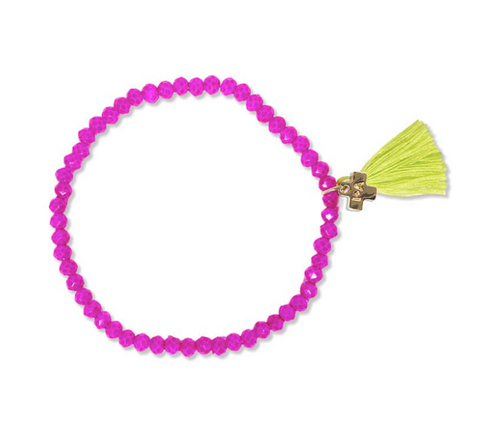Patsy Solid Crystal Stretch Bracelet With Tassel Hot Pink