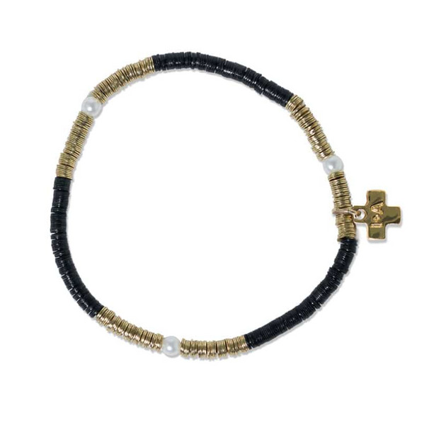 Rory Solid Color With Gold And Pearls Small Sequin Stretch Bracelet Black