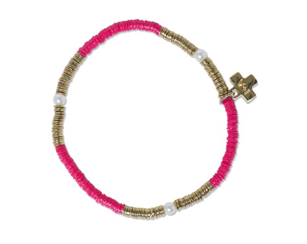 Rory Solid Color With Gold And Pearls Small Sequin Stretch Bracelet Hot Pink
