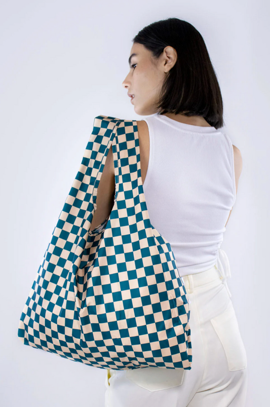 Checkerboard Teal & Beige Reusable Bag Medium