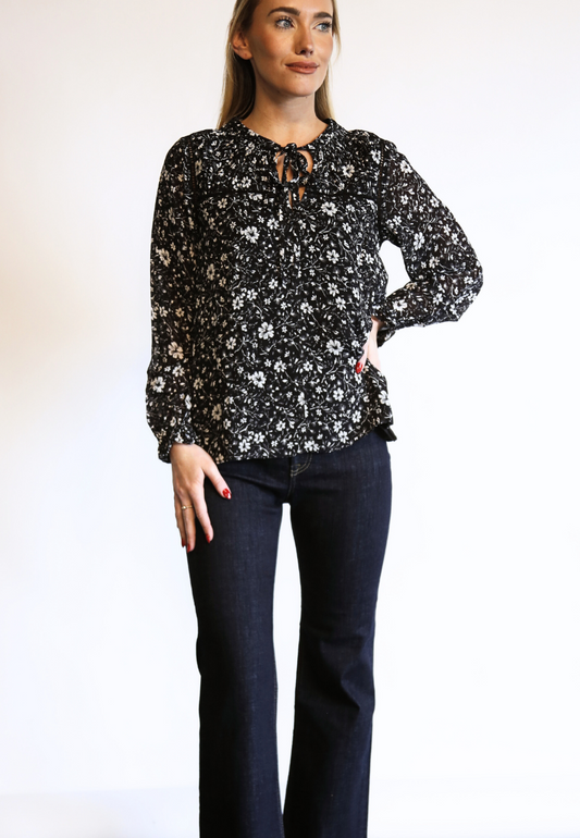 Annette Tie Blouse in Black & White Floral