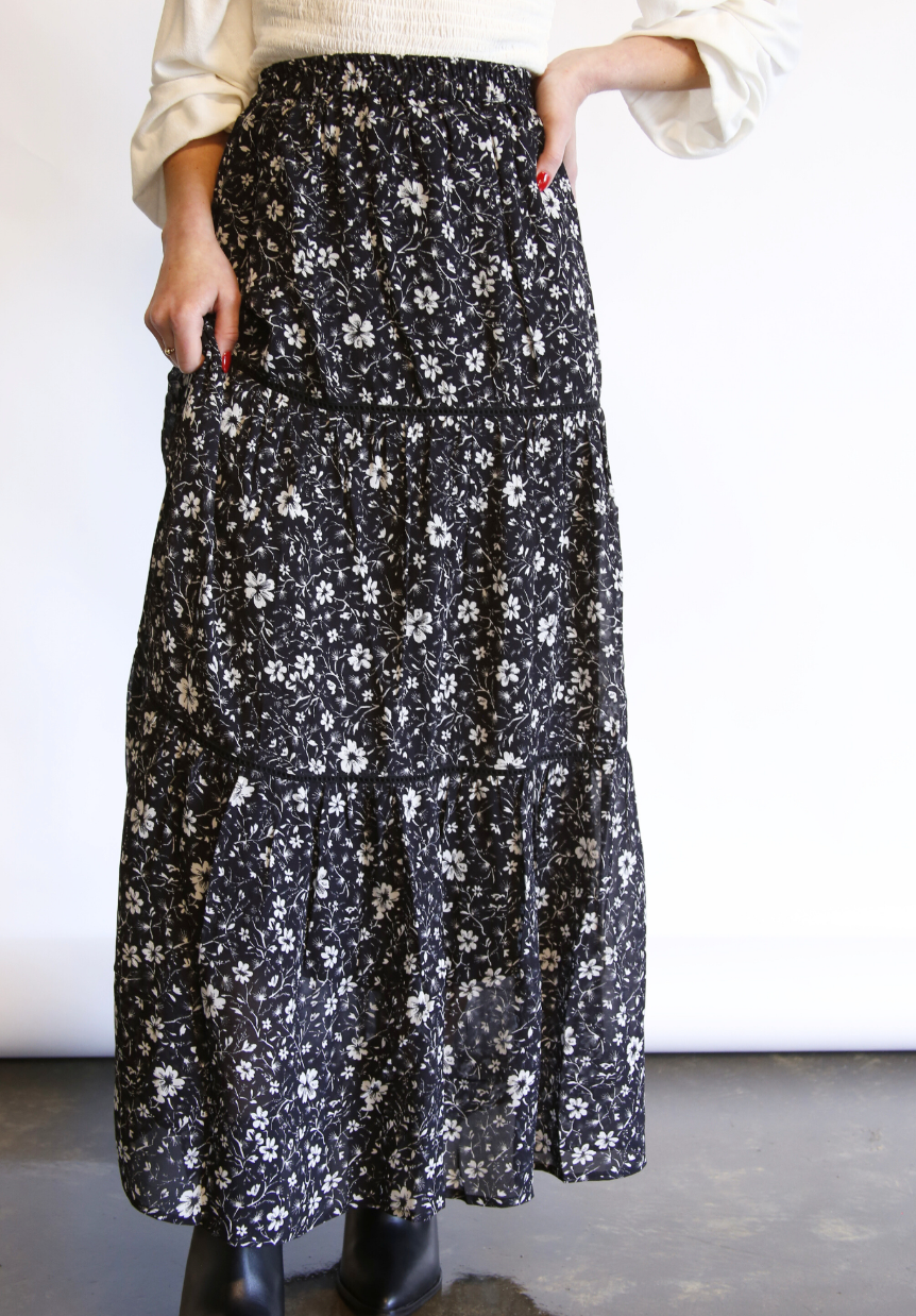 Erin Tiered Maxi Skirt in Black & White Floral