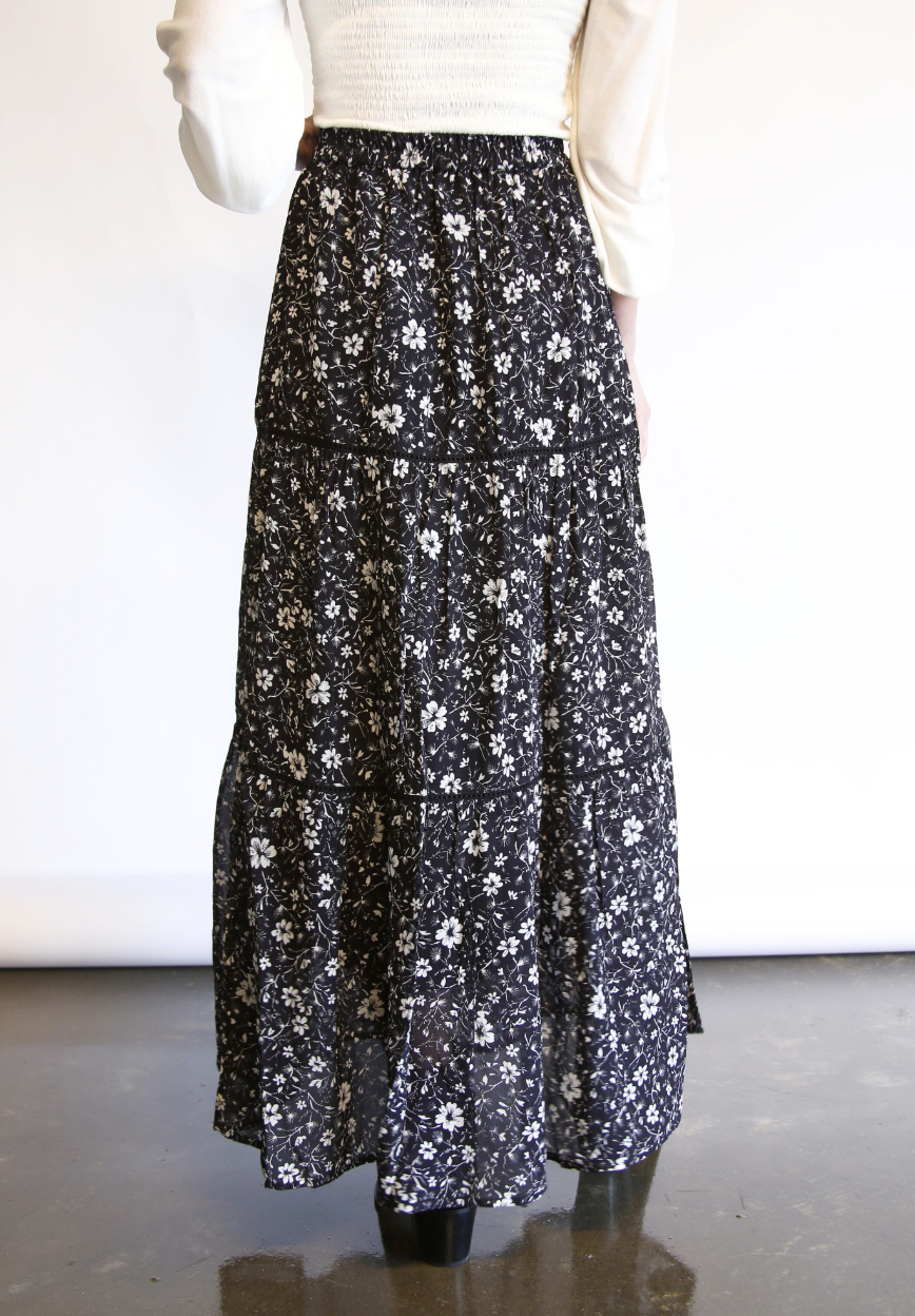 Erin Tiered Maxi Skirt in Black & White Floral