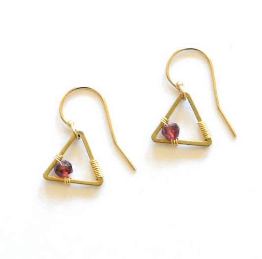 Gold Tiny Triangle Earrings in Garnet