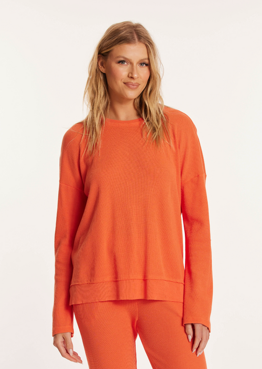 Long Sleeve Crew Neck Boxy Top in Orange Clay