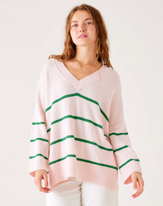 Montauk Cotton V-Neck - Pink + Green Stripe