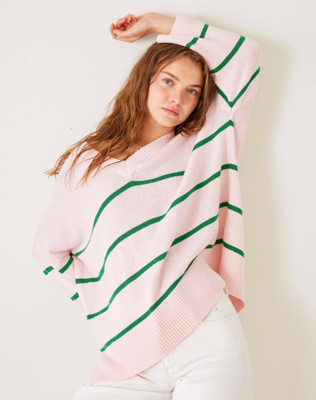 Montauk Cotton V-Neck - Pink + Green Stripe