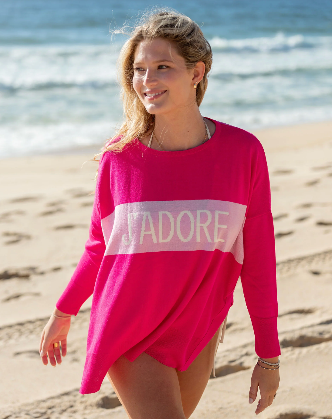 Amour Sweater with Heart Patch in Hot Pink JADORE Motto