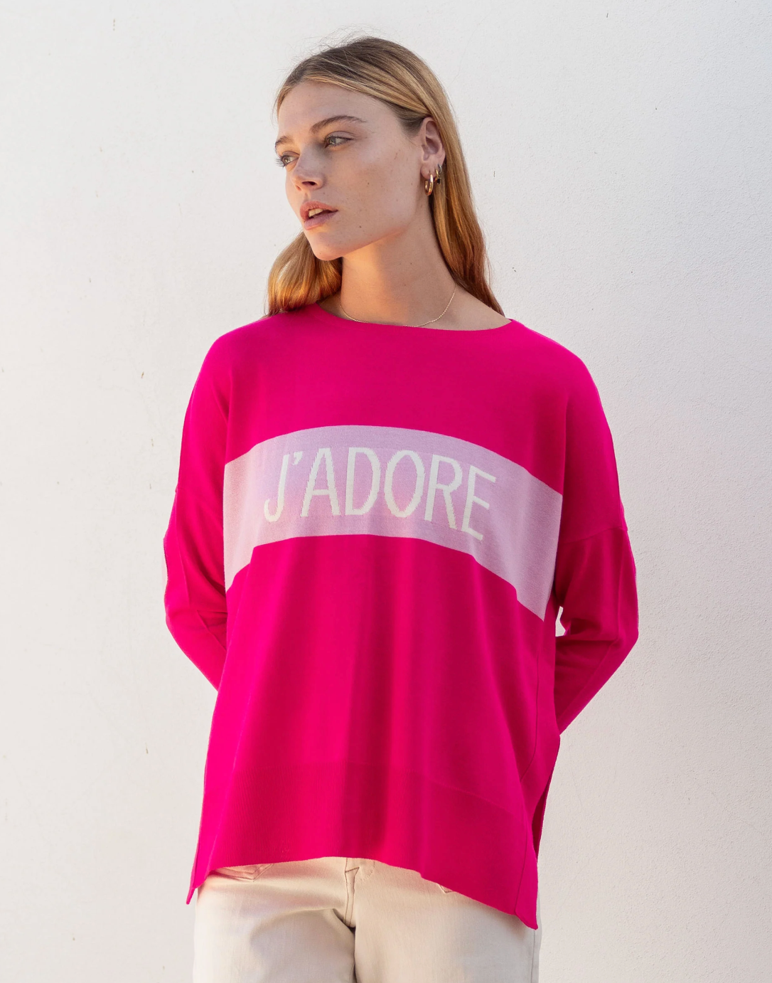 Amour Sweater with Heart Patch in Hot Pink JADORE Motto