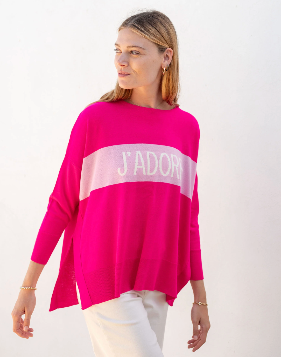 Amour Sweater with Heart Patch in Hot Pink JADORE Motto