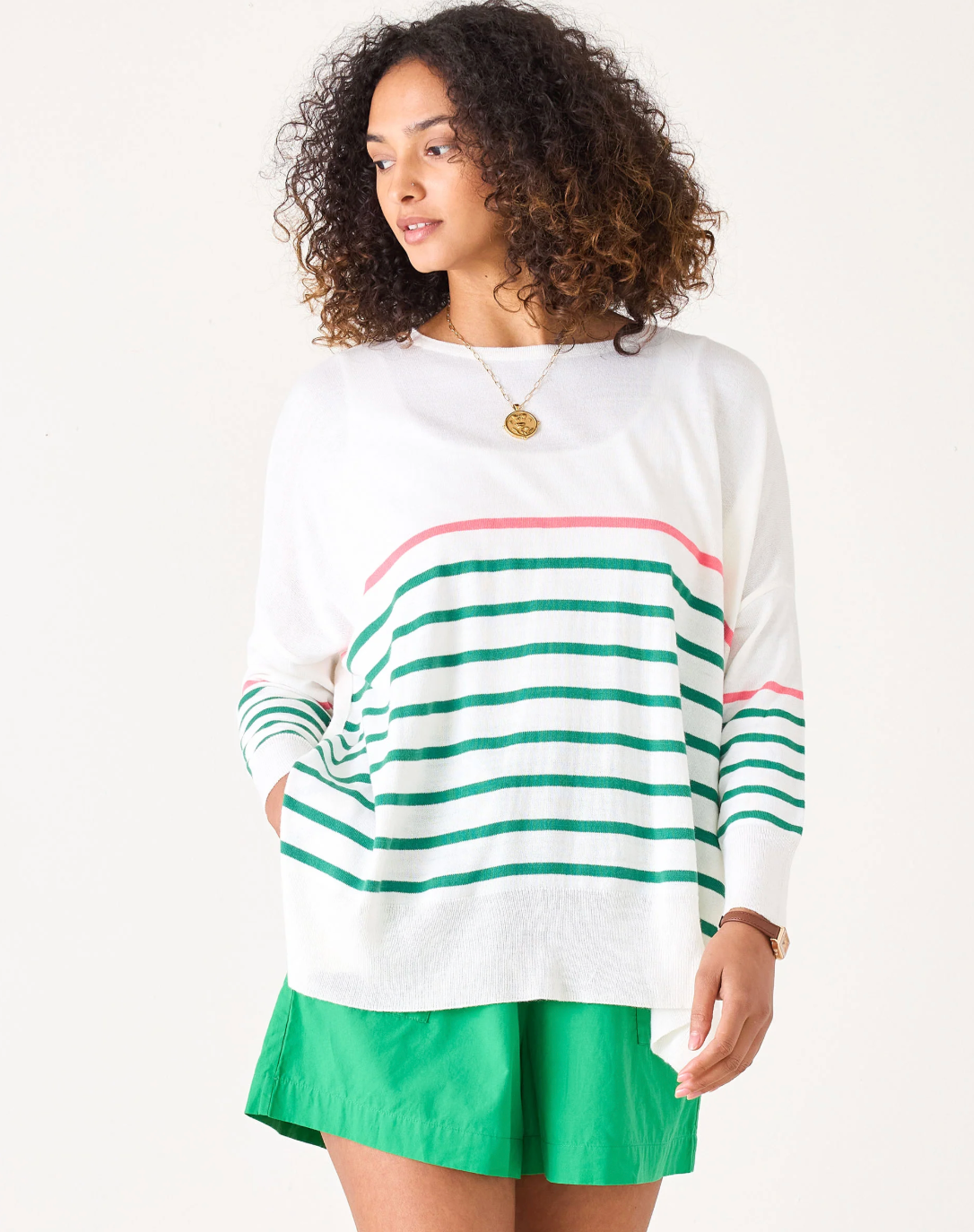 Amour Sweater with Heart Patch in Pink + Kelly Green Stripe