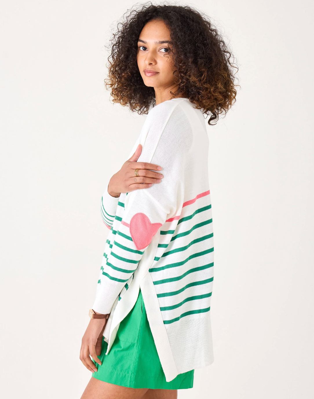 Amour Sweater with Heart Patch in Pink + Kelly Green Stripe