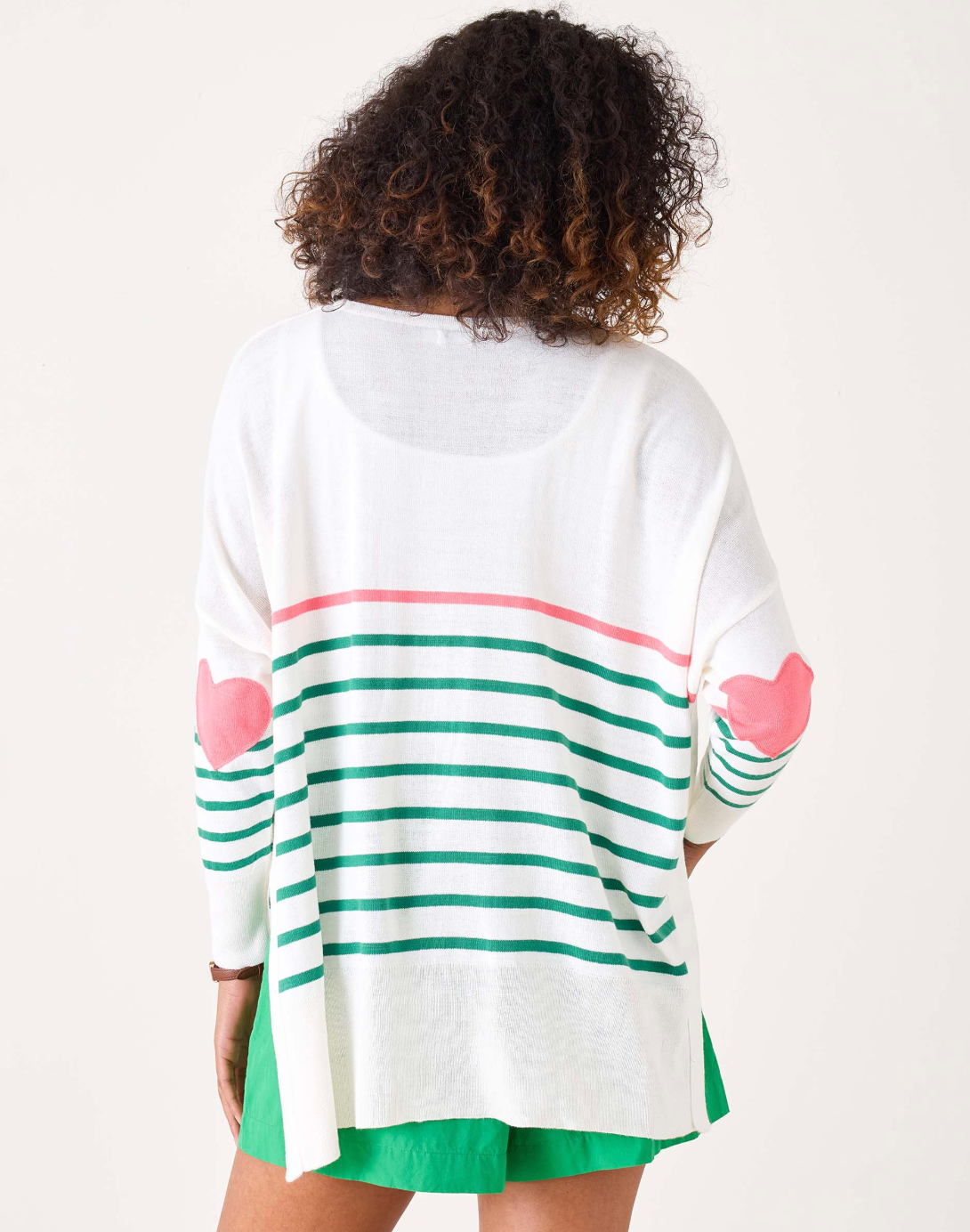 Amour Sweater with Heart Patch in Pink + Kelly Green Stripe