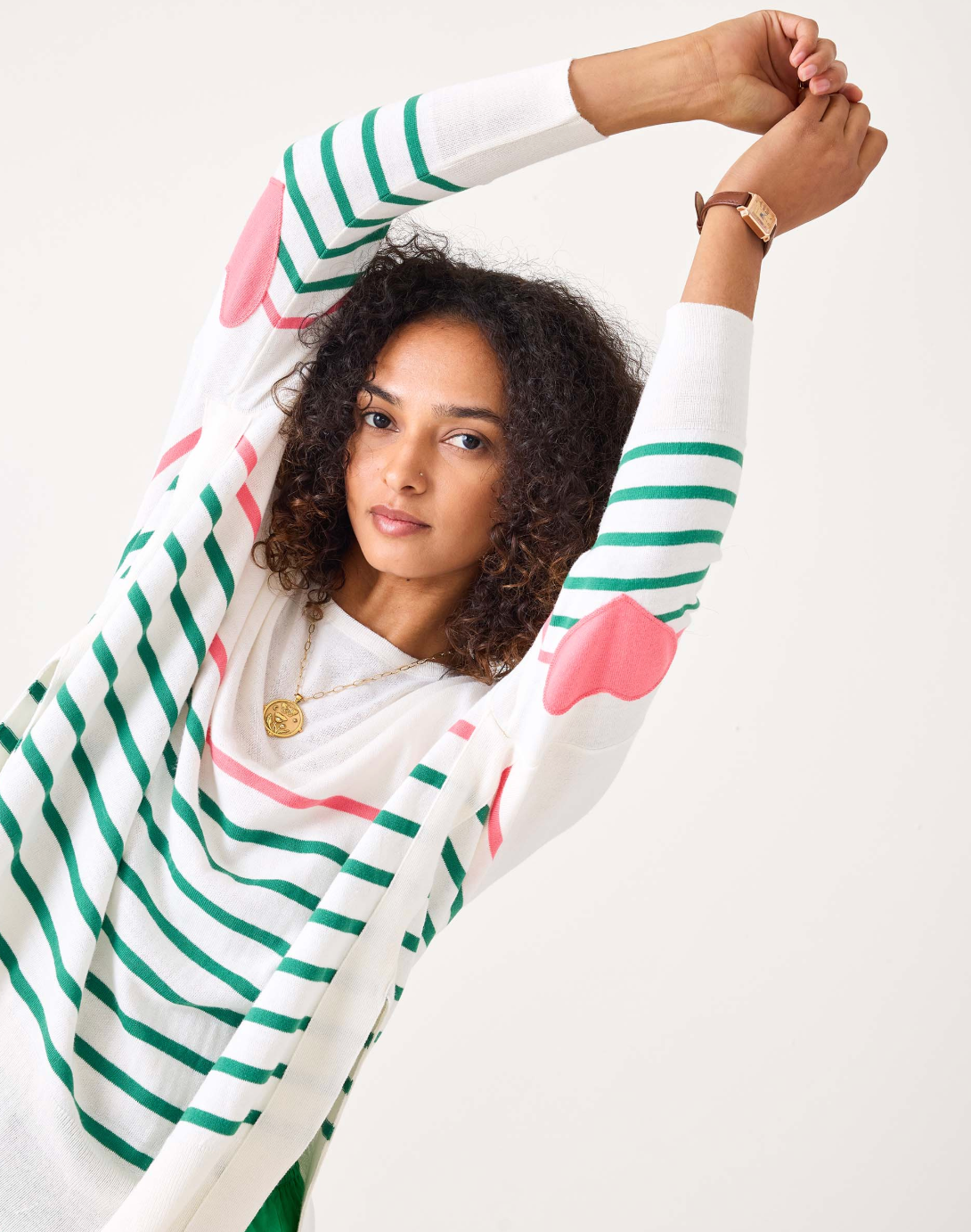 Amour Sweater with Heart Patch in Pink + Kelly Green Stripe