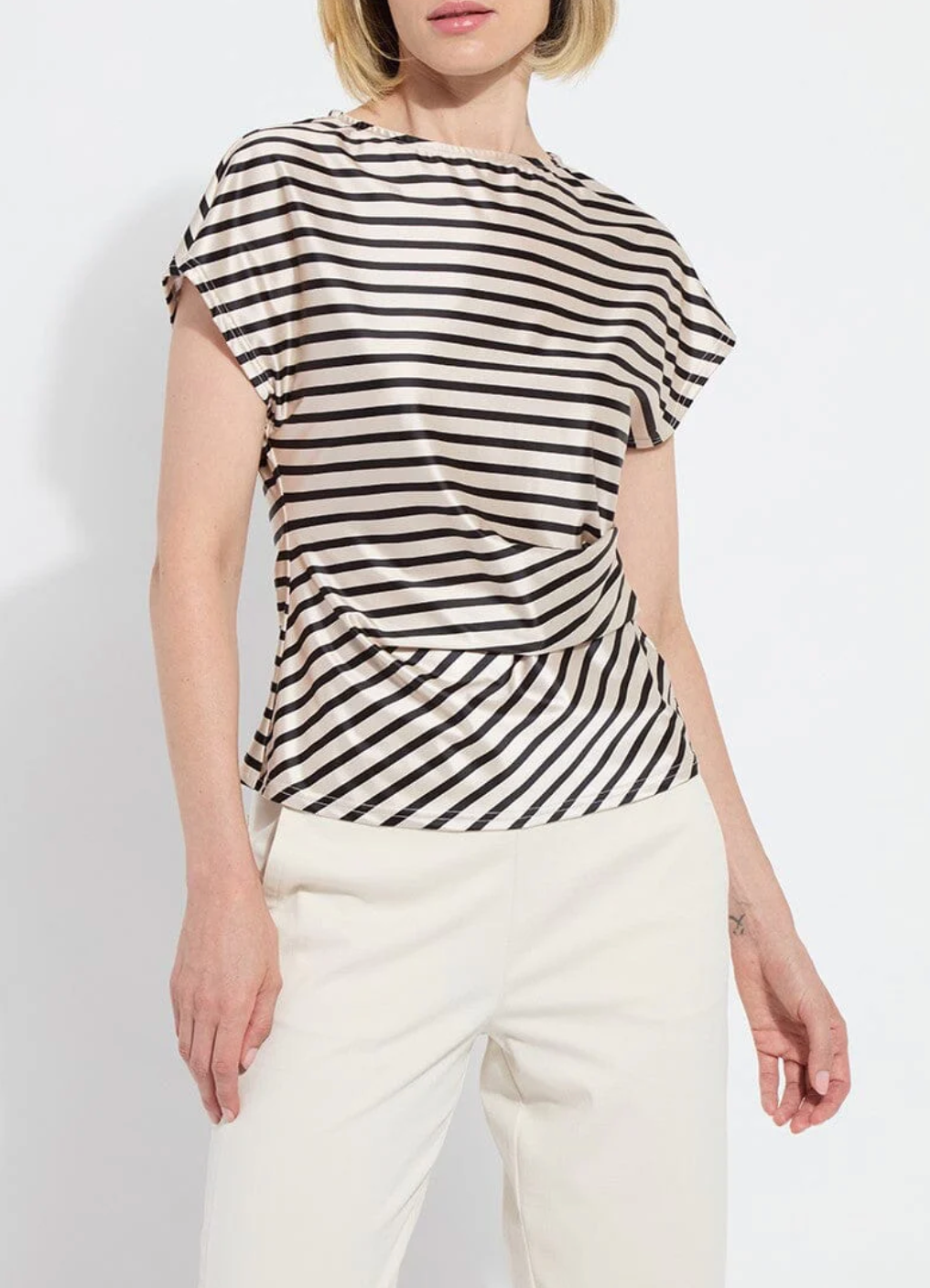 Bruna Side Draped Top Printed in Coastal Stripe