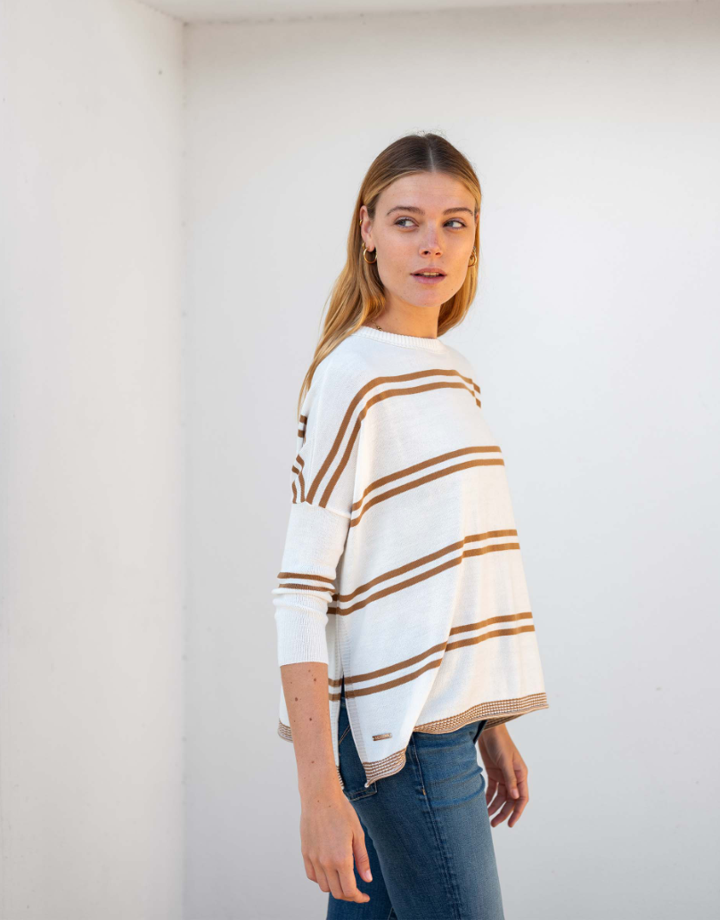 Catalina Crewneck Sweater in White + Tobacco Double Stripe